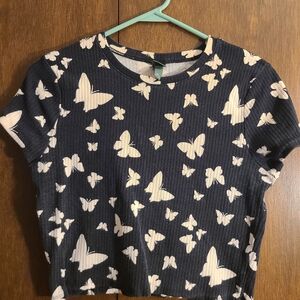 Cropped Butterfly Print Black Baby Tee